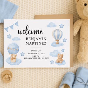 Editable Blue Teddy Bear Birth Announcement Canva Template | Baby Boy Welcome Sign Printable | Hot Air Balloon Nursery Decor