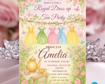 Invitación a fiesta de té de princesa para niña, plantilla editable de Canva, invitación de cumpleaños con disfraces, fiesta de cuento de hadas, cumpleaños real rosa