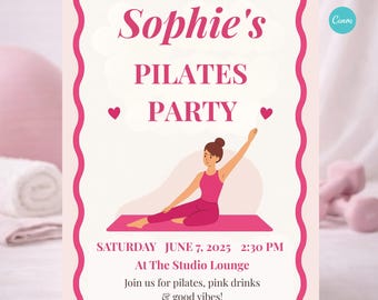 Invitación de cumpleaños rosa de Pilates, invitación a fiesta de Pilates y Prosecco, noche de cumpleaños de chicas fitness, plantilla editable de Canva