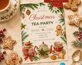 Christmas Tea Party Invitation, Editable Canva Holiday Tea Invite, Winter Tea Party, Christmas Brunch Evite