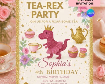 Plantilla editable de Canva para invitación de cumpleaños de Tea Rex, invitación para fiesta de té de dinosaurios, invitación para cumpleaños de niña con temática de dinosaurios.