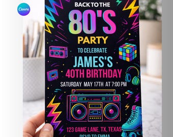 80er Jahre Party Einladung Bearbeitbar | Retro Neon Geburtstag einladen | Rollschuh & Ghettoblaster Canva Vorlage | Ausdruckbares 80er-Jahre-Thema einladen