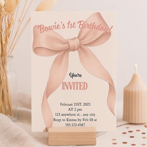 Rosa Schleife 1. Geburtstagseinladung | Aquarell Party Thema | Canva Vorlage Digitaler Download
