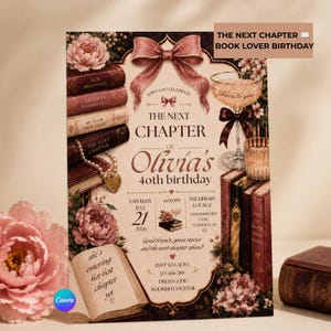 May include: A birthday invitation card featuring a stack of vintage books, a champagne coupe, and floral accents. The text reads: THE NEXT CHAPTER BOOK LOVER BIRTHDAY, THE NEXT CHAPTER OF Olivia's 40th birthday, SATURDAY JULY 21 2026, 6:00 PM, THE LIBRARY LOUNGE.