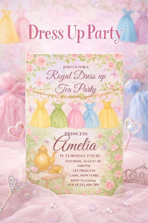 Dress Up Birthday Invitation Girl Editable Canva Template, Princess Dress Up Party Invite, Fairytale Tea Party
