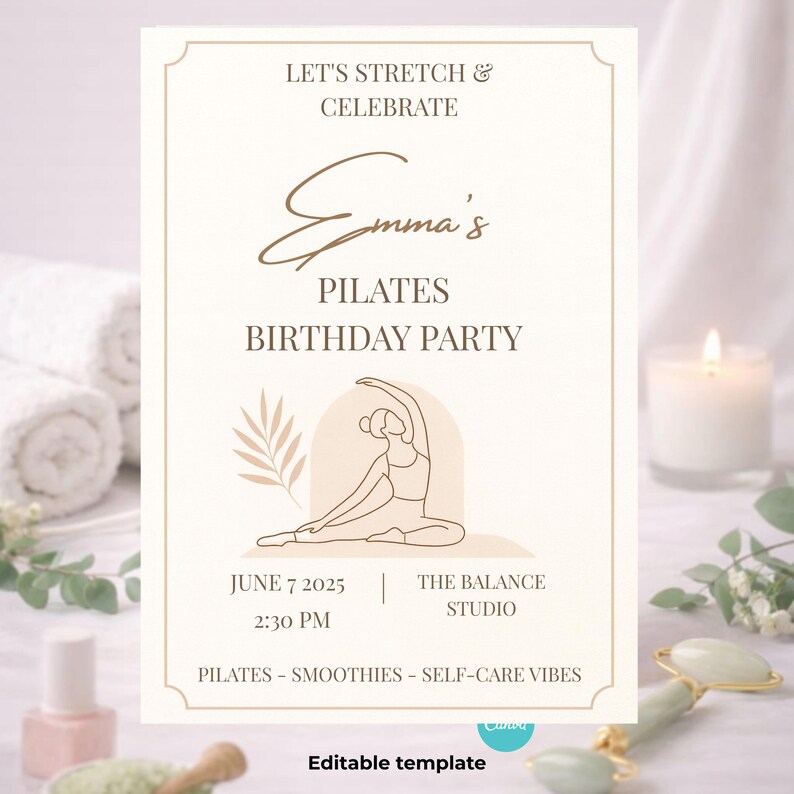 pilates birthday invitation wellness party spa girls night invite