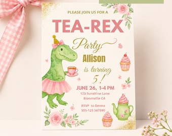 Invitación de cumpleaños de Tea Rex editable en Canva / Invitación para fiesta de té de dinosaurios / Invitación de cumpleaños de dinosaurios para niña / Plantilla imprimible de 5x7