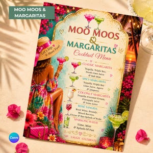 Moo Moos och Margaritas-meny redigerbar Canva-mall, Kaftanfest-drinkmeny, flick-cocktailparty-matmeny