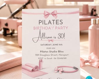 Pilates-Geburtstagseinladung, rosa Wellness-Party einladen, bearbeitbare Canva-Vorlage, Selbstpflege-Geburtstag, Spa-Girls-Party