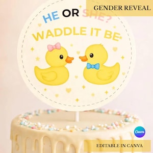 Duck Gender Reveal-taarttopperset, Waddle It Be cupcake-toppers, babyshowerdecoratie, bewerkbare canvassjabloon