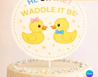 Duck Gender Reveal Cake Topper Set, Waddle It Be Cupcake Toppers, Baby Shower Decor, Editable Canva Template