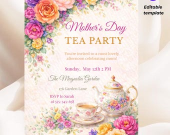 Mother’s Day Tea Party Invitation Pink, Floral Garden Tea Invite, Editable Canva Template, Brunch Invitation, Elegant Women
