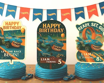 Race car birthday party cake toppers | editable canva templates digital download