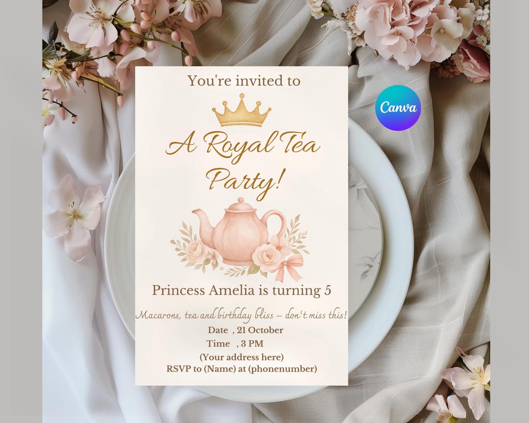 Princess Tea Party Invitation, Royal Birthday Invite, Editable Canva ...