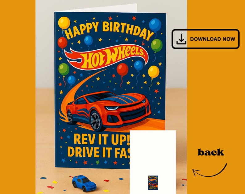 Race Car Birthday Card PDF Folded Printable in 5 Sizes Hot Wheels