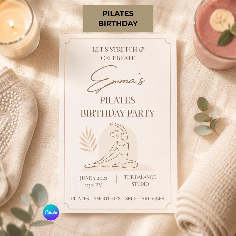 pilates party invitation minimalist wellness birthday design