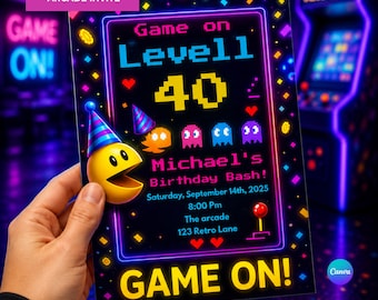 80er Jahre Party Einladung bearbeitbar Canva, Arcade Geburtstagseinladung, Retro Videospiel einladen, Neon Gamer Party, 40