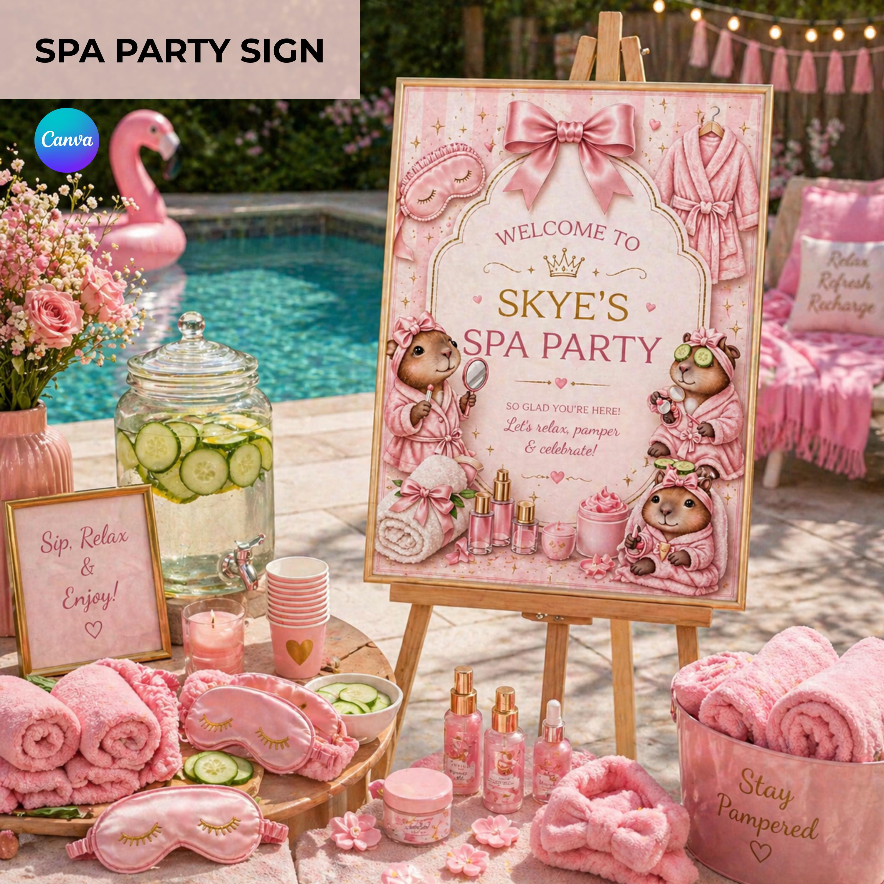 Spa Party Welcome Sign Editable Canva, Pink Spa Birthday Sign Girl ...