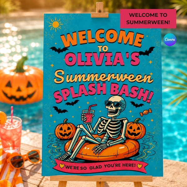 Summerween Welcome Sign Editable Canva, Spooky Pool Party Welcome Poster, Halloween Summer Birthday Decor