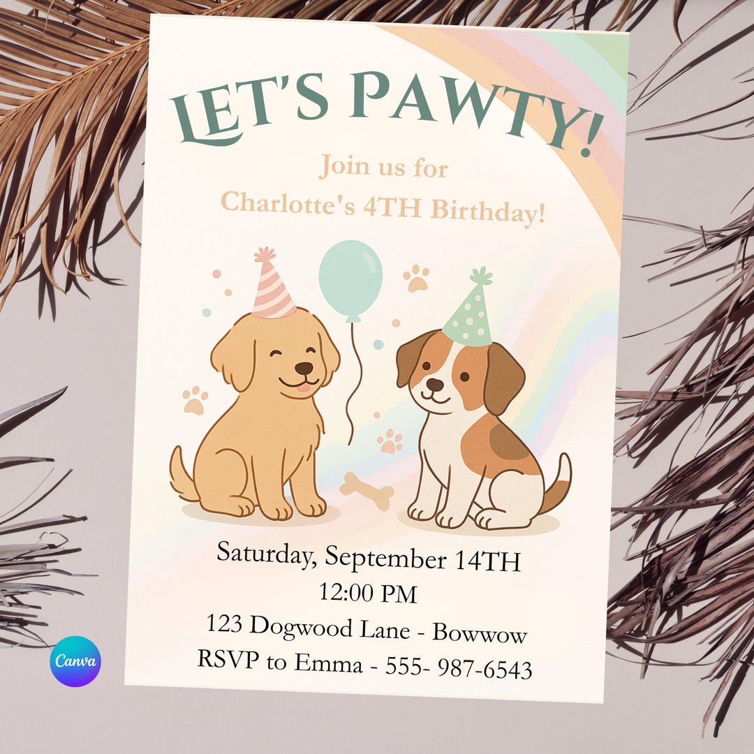 Puppy Birthday Party Bundle Editable Canva – Dog Pawty Invite Gift Tag ...
