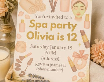 Spa Birthday Invitation for Girls – Editable Canva Template – Tween Pamper Party Printable Invite