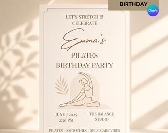 Pilates-Geburtstagseinladung, Wellness-Party einladen, bearbeitbare Canva-Vorlage, Selbstpflege-Geburtstag, Mädchen-Spa-Party