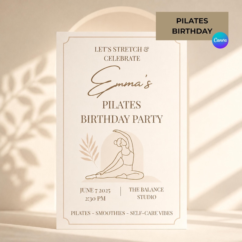 pilates birthday invitation editable canva wellness birthday party