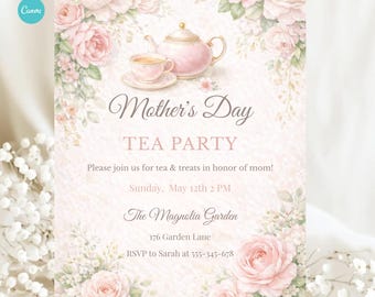 Mothers Day Tea Party Invitation Floral Pink Brunch Invite Editable Canva Template Garden Tea Party