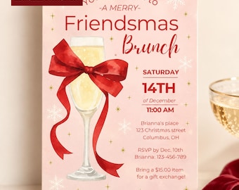 Friendsmas Brunch Invitation, Christmas Brunch Party Invite, Editable Canva 5x7, Red Holiday Brunch Printable Template, Secret Santa Party