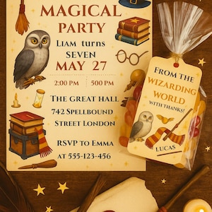 Faire-part d&#39;anniversaire de sorcière - Imprimable fête des sorciers - Invitation magique modifiable et étiquettes cadeaux
