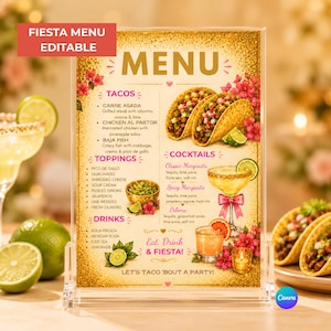 Peut inclure: Un panneau de menu en acrylique vertical avec un fond à paillettes dorées, des accents floraux roses et des illustrations de tacos et de cocktails. Le texte inclut des titres pour Tacos, Toppings, Drinks et Cocktails, avec Eat, Drink & FIESTA!