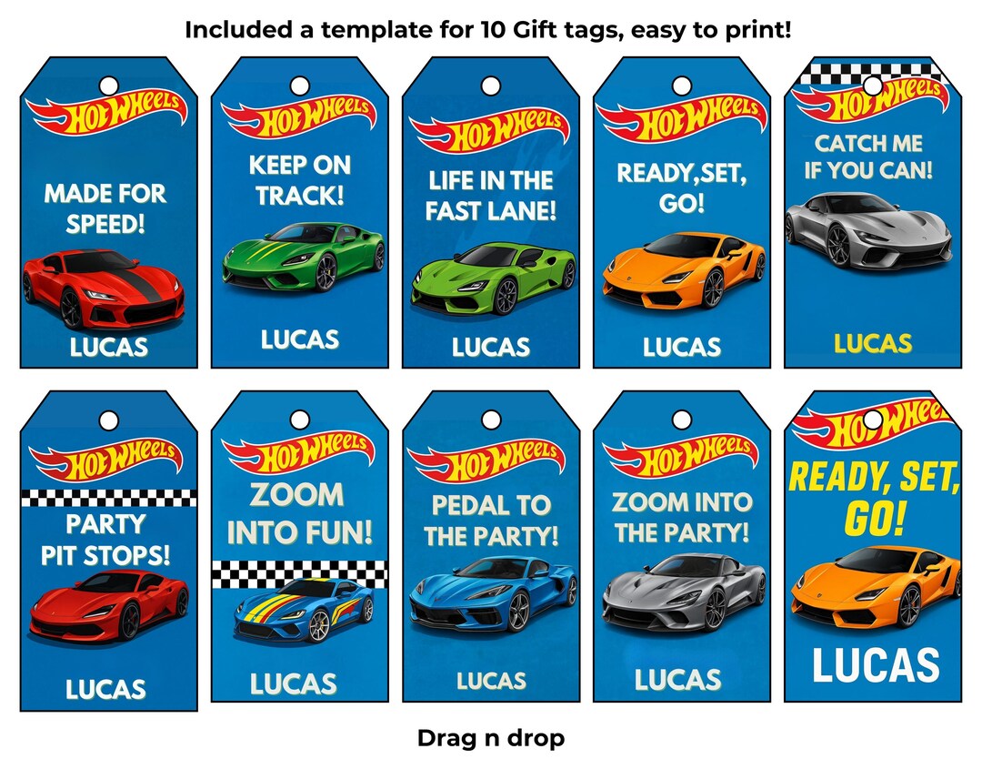Hot Case Tags Editable Race Car Party Favor Tags | Hot Cars Birthday Labels ...