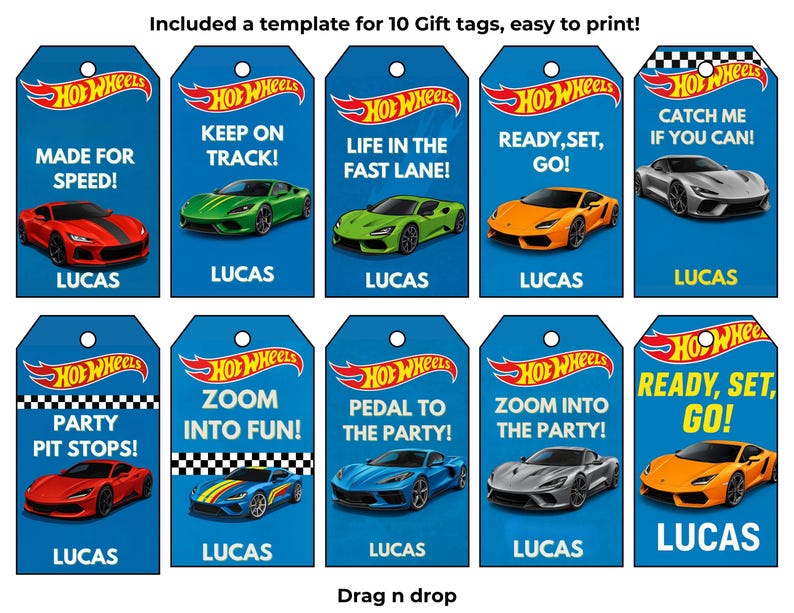 Wheel Tag Editable Race Car Party Favor Tags | Hot Cars Birthday Labels ...