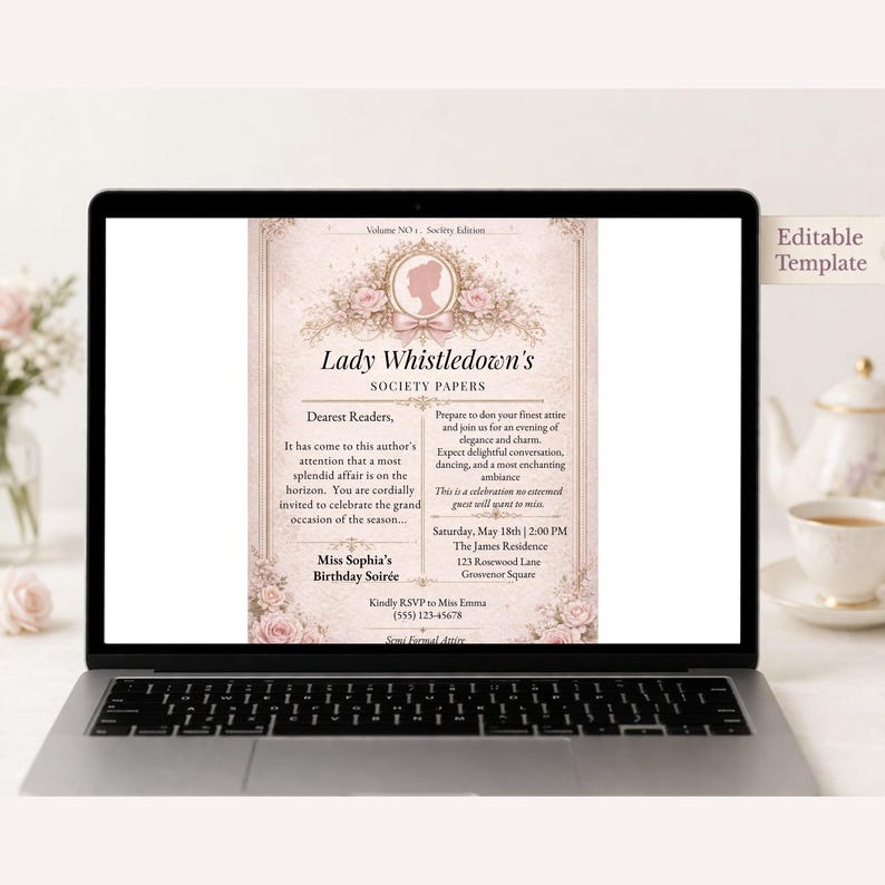 floral vintage invitation romantic birthday tea party editable