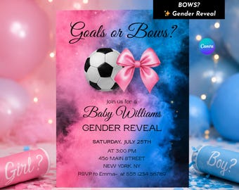 Doelen of strikken Gender Reveal-uitnodiging bewerkbare Canva-sjabloon, voetbal babyshower uitnodigen, jongen of meisje onthullen