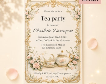 Regency Era Tea Party Invitation, Elegant Floral High Tea, Editable Canva Template