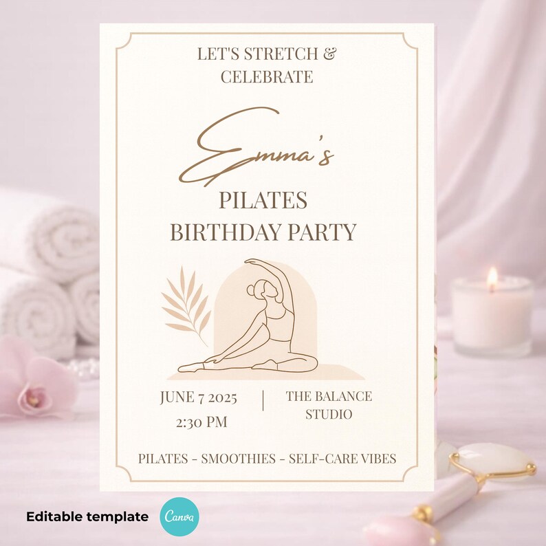 self care birthday invitation wellness pilates party template