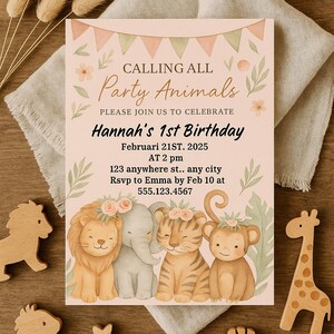 Invitation modifiable d'animaux de la jungle - Modèle de toile Wild One Birthday - Invitation Boho Safari Party - Premier anniversaire de fille - Téléchargement immédiat