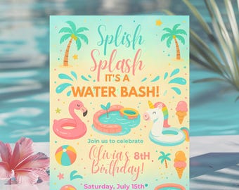 Invitation fête de la piscine licorne modèle d'anniversaire d'anniversaire d'été, fille d'invitation de fête de la piscine modifiable
