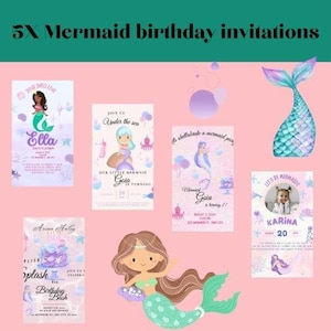 Faire-part d'anniversaire petite sirène - Invitation numérique modifiable - thème Ariel - téléchargement immédiat