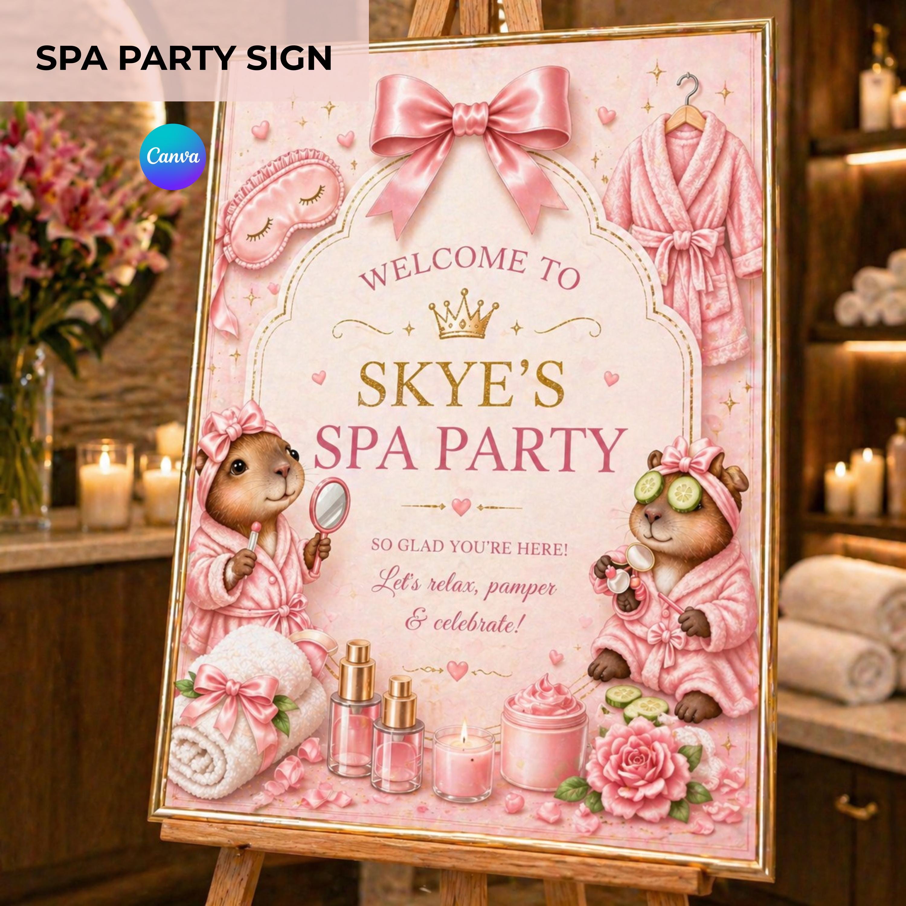 Spa Party Welcome Sign Editable Canva, Pink Spa Birthday Sign Girl ...