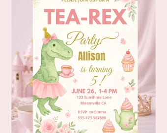 Invitación de cumpleaños de Tea Rex para niña, invitación a fiesta de té de dinosaurios rosas, plantilla editable de Canva, cumpleaños de dinosaurios para niños