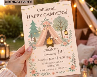 Girls Camping Birthday Invitation, Happy Camper Birthday Party Invite, Glamping Sleepover Invite, Editable Canva Template