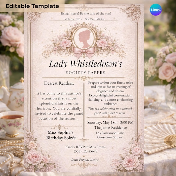 Floral Regency Invitation Beige Romantic Tea Party Invite Vintage Elegant Birthday Editable Canva Template
