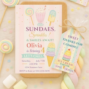 Ice Cream Birthday invitation set | pastel girls party with caketopper & tags | editable canva template