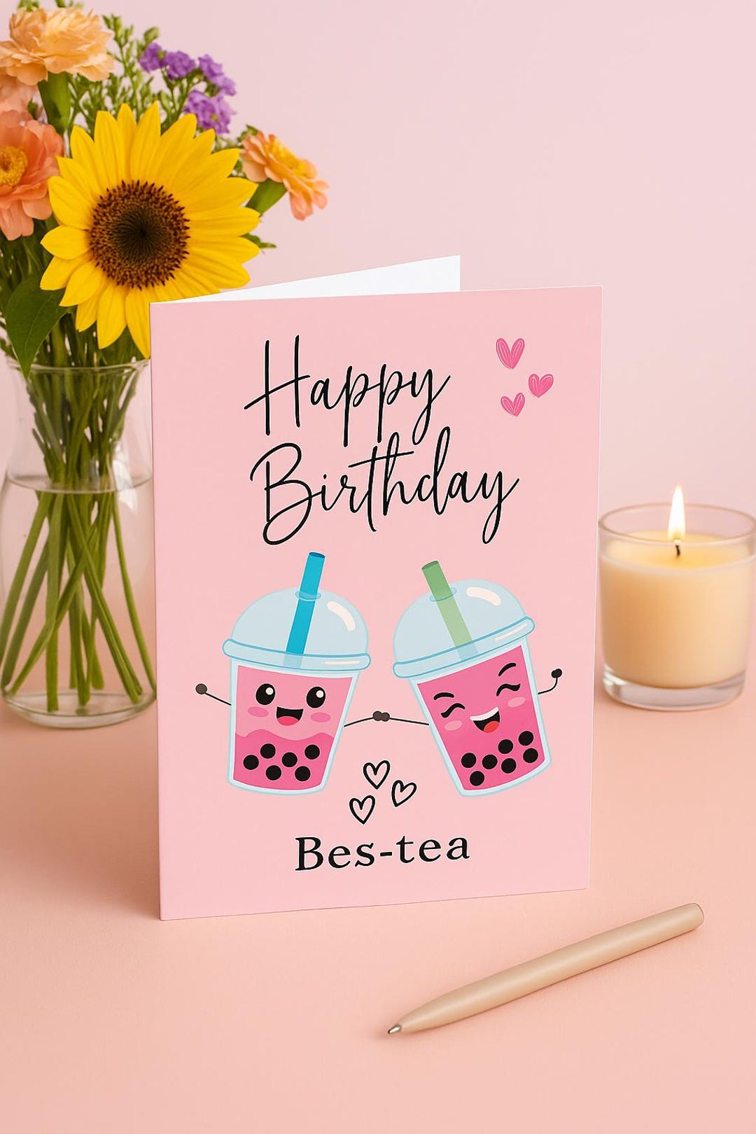 Bes Tea Editable Bubble Tea Birthday Card – Cute Printable Bes-tea Folded Card ...