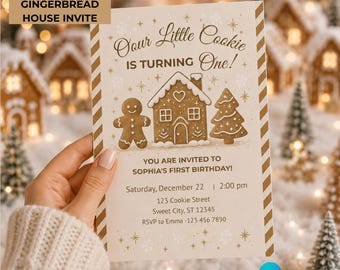 Gingerbread House First Birthday Invitation, Little Cookie Turns One Invite, Winter Christmas Birthday Party, Editable Canva 5x7