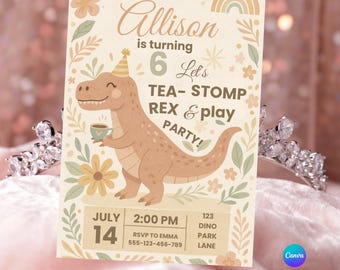 Invitación de cumpleaños editable de Tea Rex, plantilla para fiesta de dinosaurios para niña, invitación para fiesta de té, cumpleaños de dinosaurios imprimible, descarga instantánea en Canva