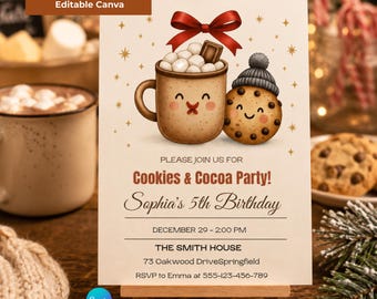 Könnte beinhalten: Eine Einladungskarte mit einer illustrierten Tasse Kakao mit Marshmallows und einem Keks mit Mütze, verziert mit einer roten Schleife. Der Text lautet: Cookies & Cocoa Party! Sophia's 5th Birthday, 29. Dezember - 14:00 Uhr, The Smith House, 73 Oakwood DriveSpringfield, RSVP an Emma unter 555-123-456-789.