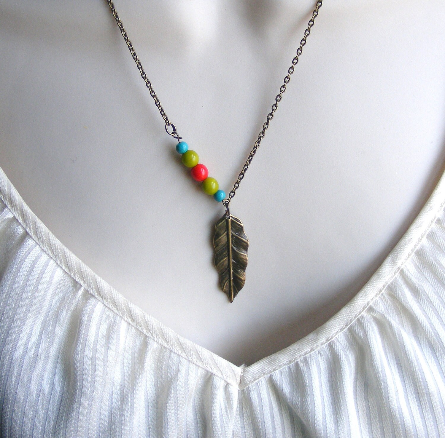 Feather Necklace. Antique Bronze. Tribal. Beaded Necklace. Etsy